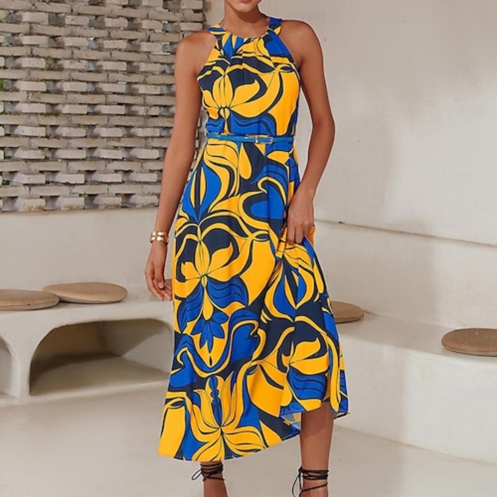 Women’s Midi Dress, Yellow, blues Floral Printing, summer sleeveless, belted